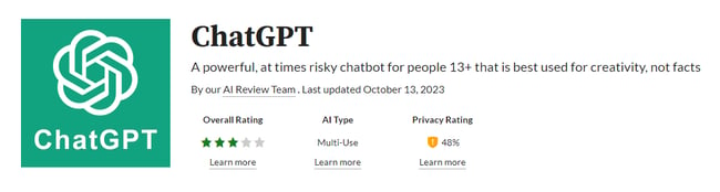 3-star review of ChatGPT found on Common Sense Media