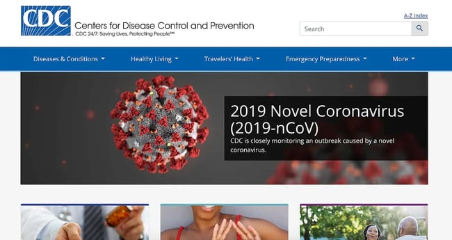 web accessibility example: homepage for CDC which mentions the 2019 novel coronavirus and has a navigation menu which mentions diseases and conditions, healthy living, travelers' health, emergency preparedness, and more. 
