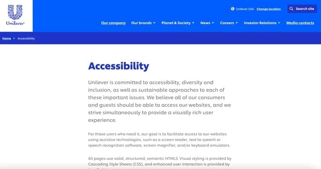 web accessibility example: homepage for the web accessible website unilever